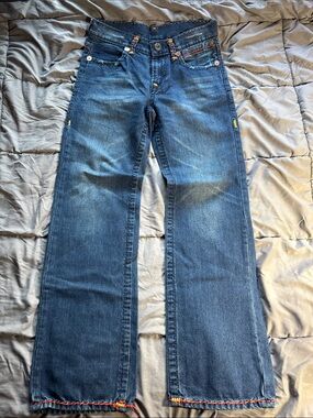 True Religion Men's Medium Blue Bootcut Jeans with Colorful Trim